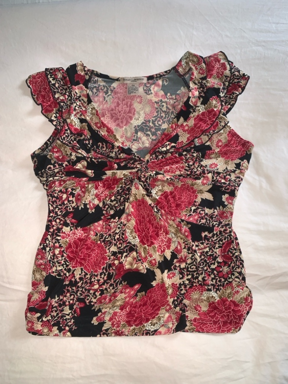 Susan Lawrence Floral Twist-Front Women's Top in Black & Pink